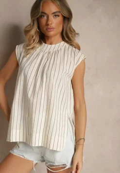 Jasnobeżowa Prążkowana Bluzka z Lnu i Bawełny o Prostym Kroju Bez Rękawów Talinossa