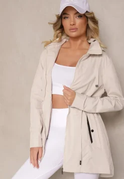 Jasnobeżowa Przejściowa Kurtka o Fasonie Parki ze Ściągaczem w Talii Zolidi