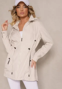 Jasnobeżowa Przejściowa Kurtka o Fasonie Parki ze Ściągaczem w Talii Zolidi