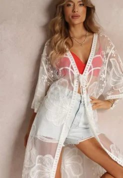 Jasnobeżowa Przezroczysta Narzutka z Haftem i Wiązaniem w Pasie Miri