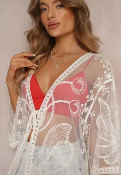 Jasnobeżowa Przezroczysta Narzutka z Haftem i Wiązaniem w Pasie Miri