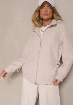Jasnobeżowa Pudełkowa Kurtka o Kroju Parki ze Ściągaczem i Kapturem Sesailis