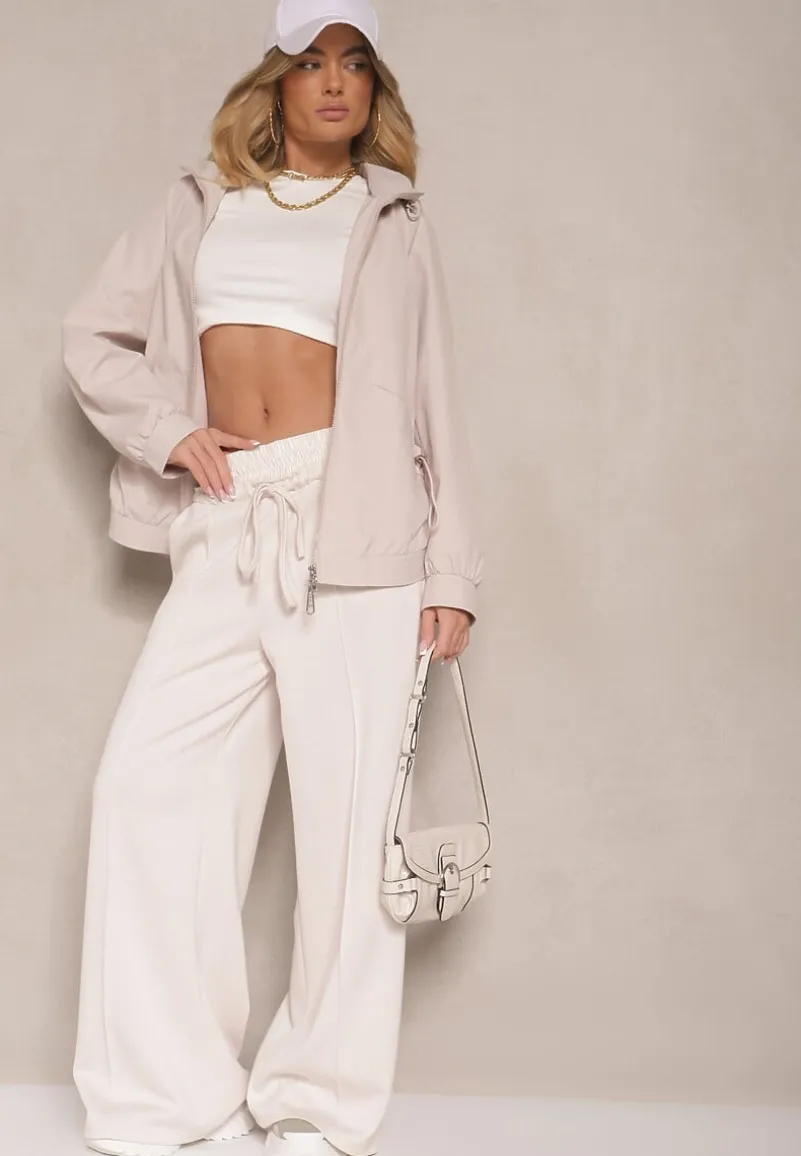 Jasnobeżowa Pudełkowa Kurtka o Kroju Parki ze Ściągaczem i Kapturem Sesailis