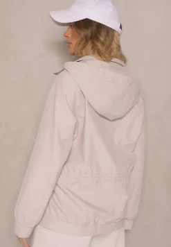 Jasnobeżowa Pudełkowa Kurtka o Kroju Parki ze Ściągaczem i Kapturem Sesailis