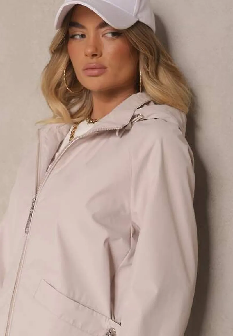 Jasnobeżowa Pudełkowa Kurtka o Kroju Parki ze Ściągaczem i Kapturem Sesailis