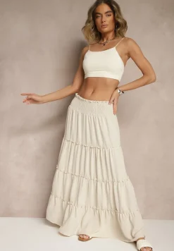 Jasnobeżowa Rozkloszowana Spódnica z Gumką w Talii Zdobiona Falbanami Dovinelle