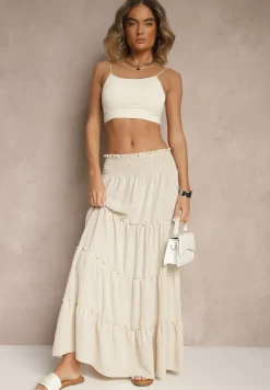 Jasnobeżowa Rozkloszowana Spódnica z Gumką w Talii Zdobiona Falbanami Dovinelle