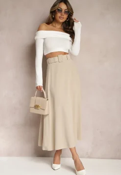 Jasnobeżowa Rozkloszowana Spódnica Maxi z Paskiem i Klamrą Adlirca