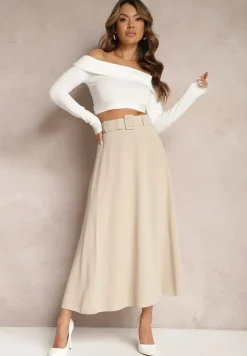 Jasnobeżowa Rozkloszowana Spódnica Maxi z Paskiem i Klamrą Adlirca