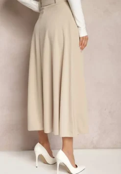 Jasnobeżowa Rozkloszowana Spódnica Maxi z Paskiem i Klamrą Adlirca