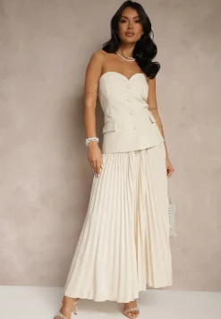 Jasnobeżowa Rozkloszowana Spódnica z Gumką w Talii Zdobiona Plisami Firlimi