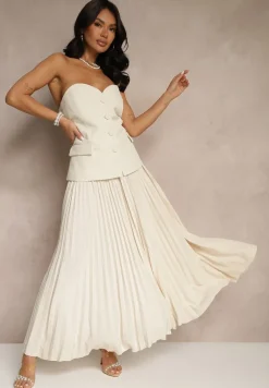 Jasnobeżowa Rozkloszowana Spódnica z Gumką w Talii Zdobiona Plisami Firlimi