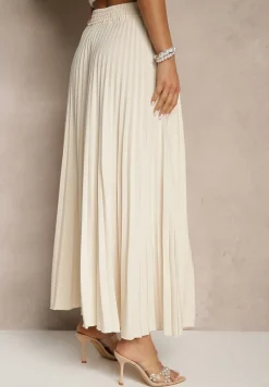 Jasnobeżowa Rozkloszowana Spódnica z Gumką w Talii Zdobiona Plisami Firlimi