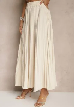 Jasnobeżowa Rozkloszowana Spódnica z Gumką w Talii Zdobiona Plisami Firlimi
