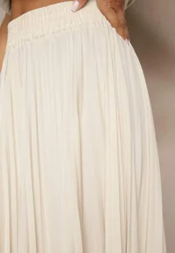 Jasnobeżowa Rozkloszowana Spódnica z Gumką w Talii Zdobiona Plisami Firlimi