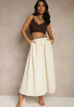 Jasnobeżowa Rozkloszowana Spódnica z Paskiem i Kieszeniami Vikaritte
