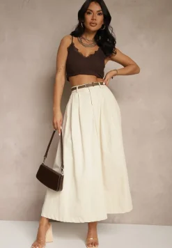 Jasnobeżowa Rozkloszowana Spódnica z Paskiem i Kieszeniami Vikaritte