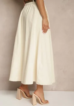 Jasnobeżowa Rozkloszowana Spódnica z Paskiem i Kieszeniami Vikaritte