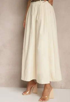 Jasnobeżowa Rozkloszowana Spódnica z Paskiem i Kieszeniami Vikaritte