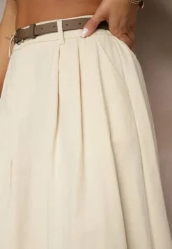 Jasnobeżowa Rozkloszowana Spódnica z Paskiem i Kieszeniami Vikaritte