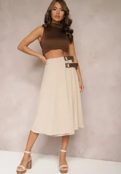 Jasnobeżowa Rozkloszowana Spódnica Maxi z Gumką w Talii i Falbanami z Tiulu Estime