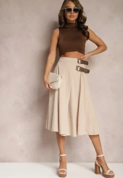 Jasnobeżowa Rozkloszowana Spódnica Maxi z Gumką w Talii i Falbanami z Tiulu Estime