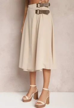 Jasnobeżowa Rozkloszowana Spódnica Maxi z Gumką w Talii i Falbanami z Tiulu Estime