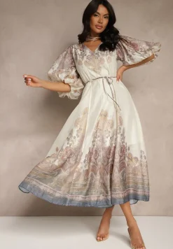 Jasnobeżowa Rozkloszowana Sukienka z Wiskozy z Wiązaniem i Ornamentalnym Wzorem Redanira