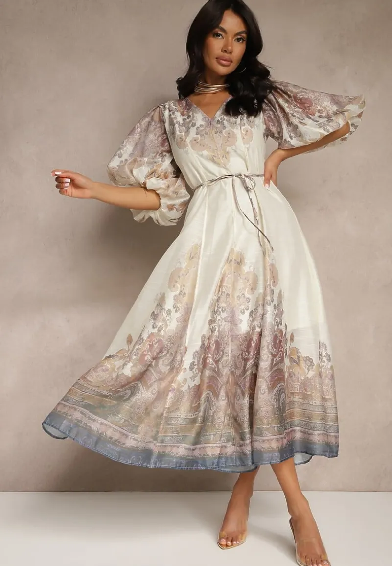 Jasnobeżowa Rozkloszowana Sukienka z Wiskozy z Wiązaniem i Ornamentalnym Wzorem Redanira