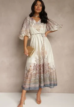 Jasnobeżowa Rozkloszowana Sukienka z Wiskozy z Wiązaniem i Ornamentalnym Wzorem Redanira