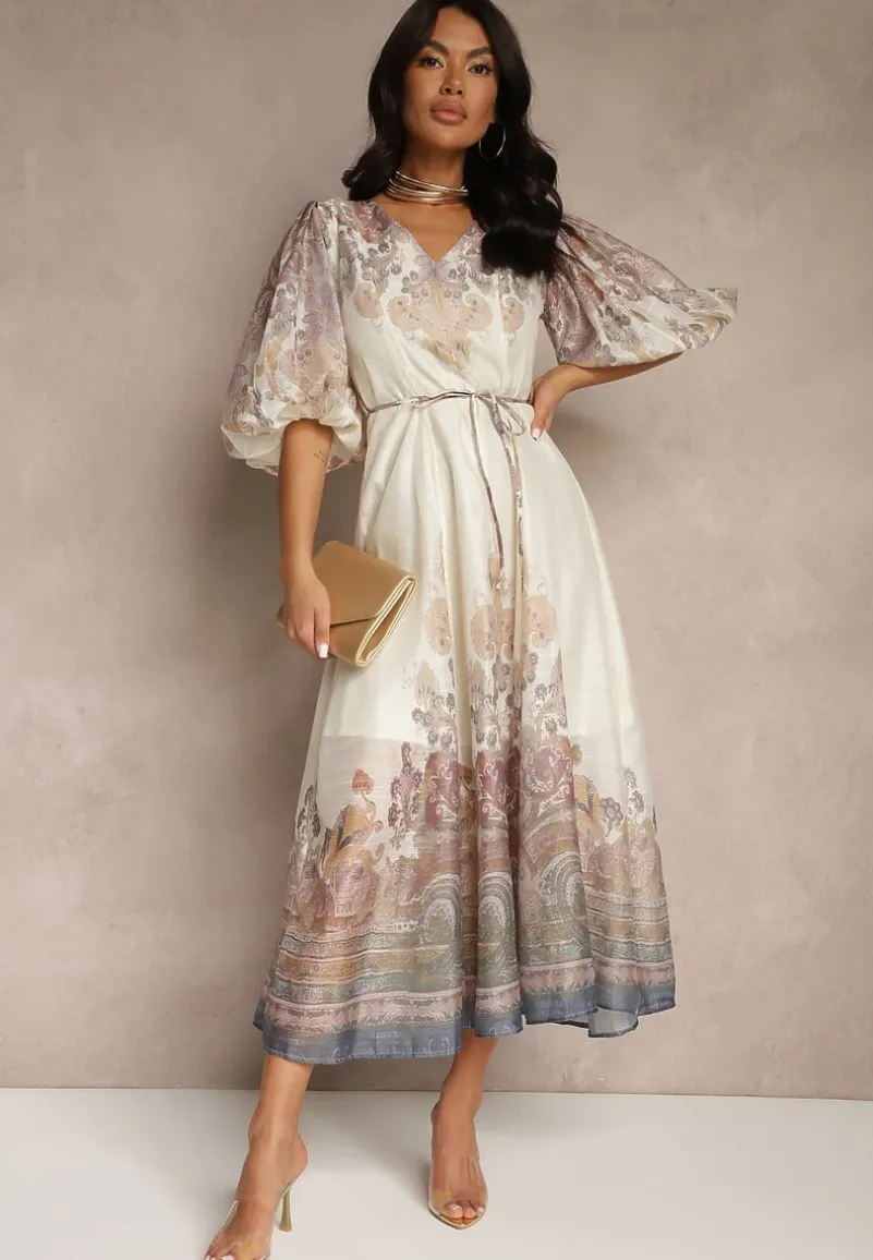 Jasnobeżowa Rozkloszowana Sukienka z Wiskozy z Wiązaniem i Ornamentalnym Wzorem Redanira
