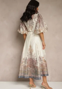 Jasnobeżowa Rozkloszowana Sukienka z Wiskozy z Wiązaniem i Ornamentalnym Wzorem Redanira