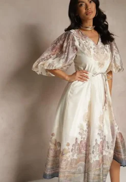 Jasnobeżowa Rozkloszowana Sukienka z Wiskozy z Wiązaniem i Ornamentalnym Wzorem Redanira