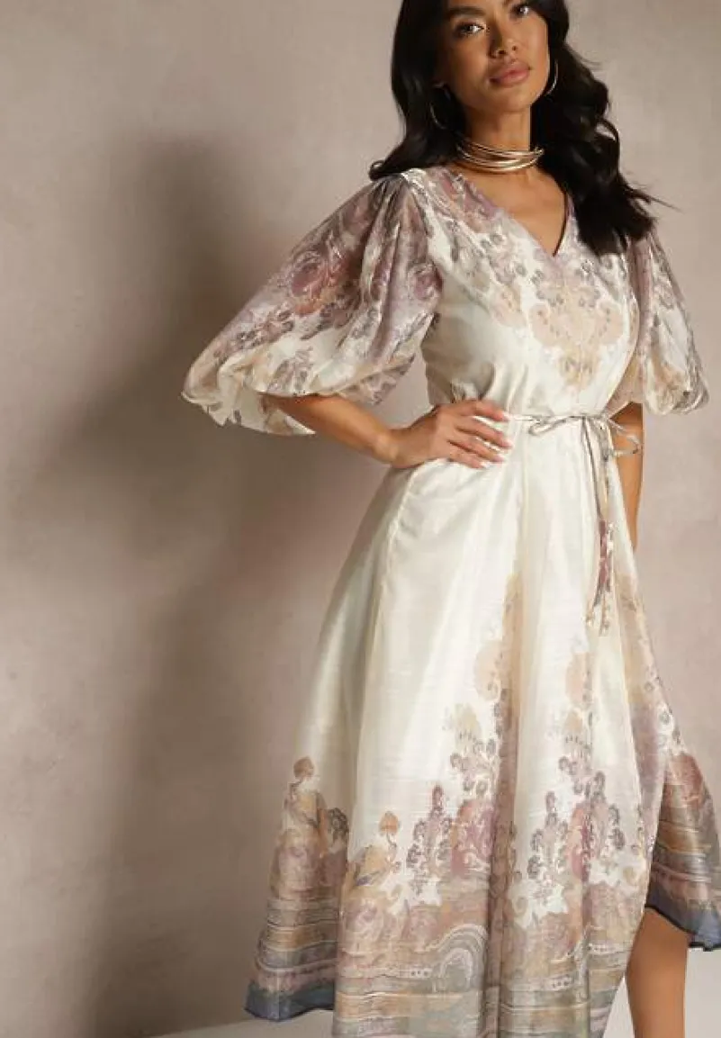 Jasnobeżowa Rozkloszowana Sukienka z Wiskozy z Wiązaniem i Ornamentalnym Wzorem Redanira