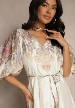 Jasnobeżowa Rozkloszowana Sukienka z Wiskozy z Wiązaniem i Ornamentalnym Wzorem Redanira