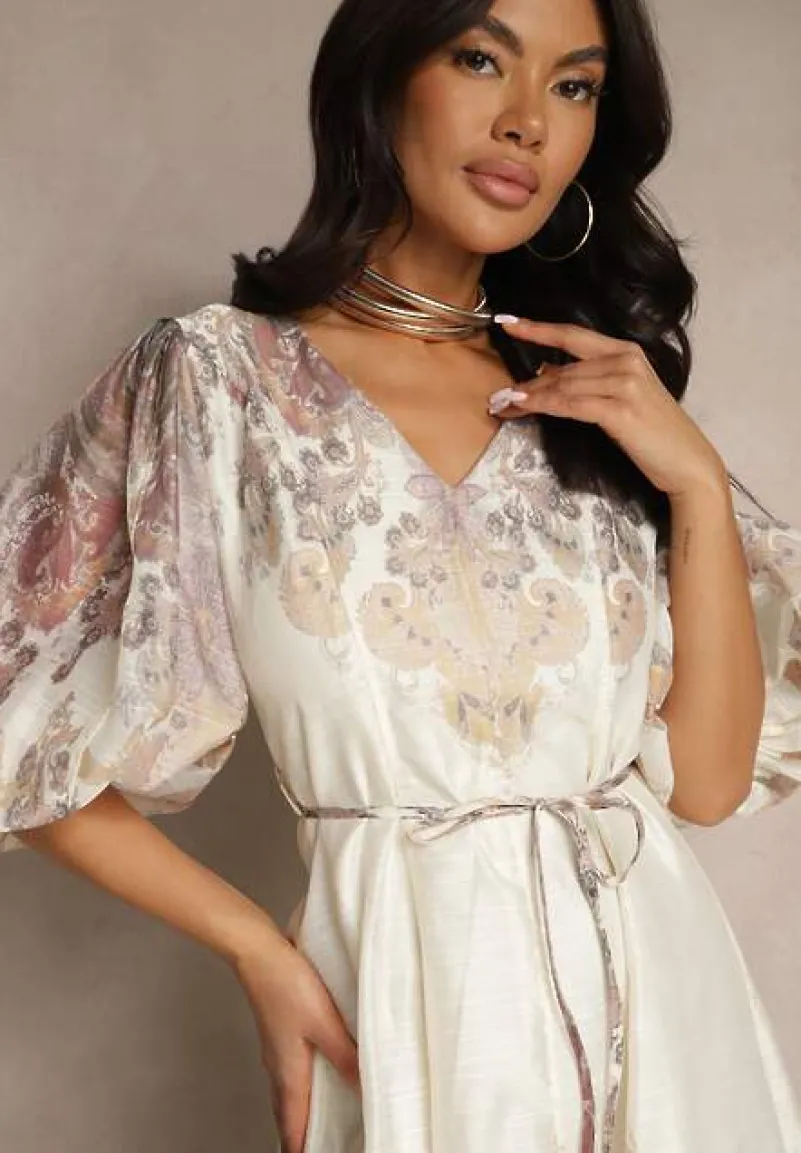 Jasnobeżowa Rozkloszowana Sukienka z Wiskozy z Wiązaniem i Ornamentalnym Wzorem Redanira