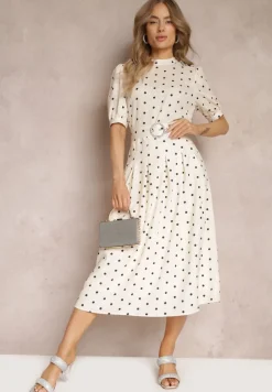 Jasnobeżowa Rozkloszowana Sukienka Midi z Gumką w Pasie i Ozdobnym Paskiem z Klamrą Abennita