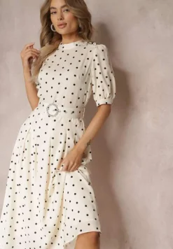 Jasnobeżowa Rozkloszowana Sukienka Midi z Gumką w Pasie i Ozdobnym Paskiem z Klamrą Abennita