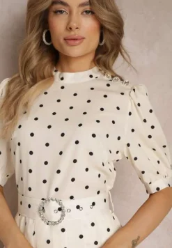 Jasnobeżowa Rozkloszowana Sukienka Midi z Gumką w Pasie i Ozdobnym Paskiem z Klamrą Abennita