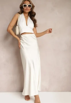 Jasnobeżowa Satynowa Spódnica Maxi High Waist Formia