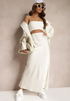 Jasnobeżowa Satynowa Spódnica Maxi High Waist Formia