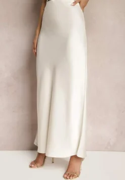 Jasnobeżowa Satynowa Spódnica Maxi High Waist Formia