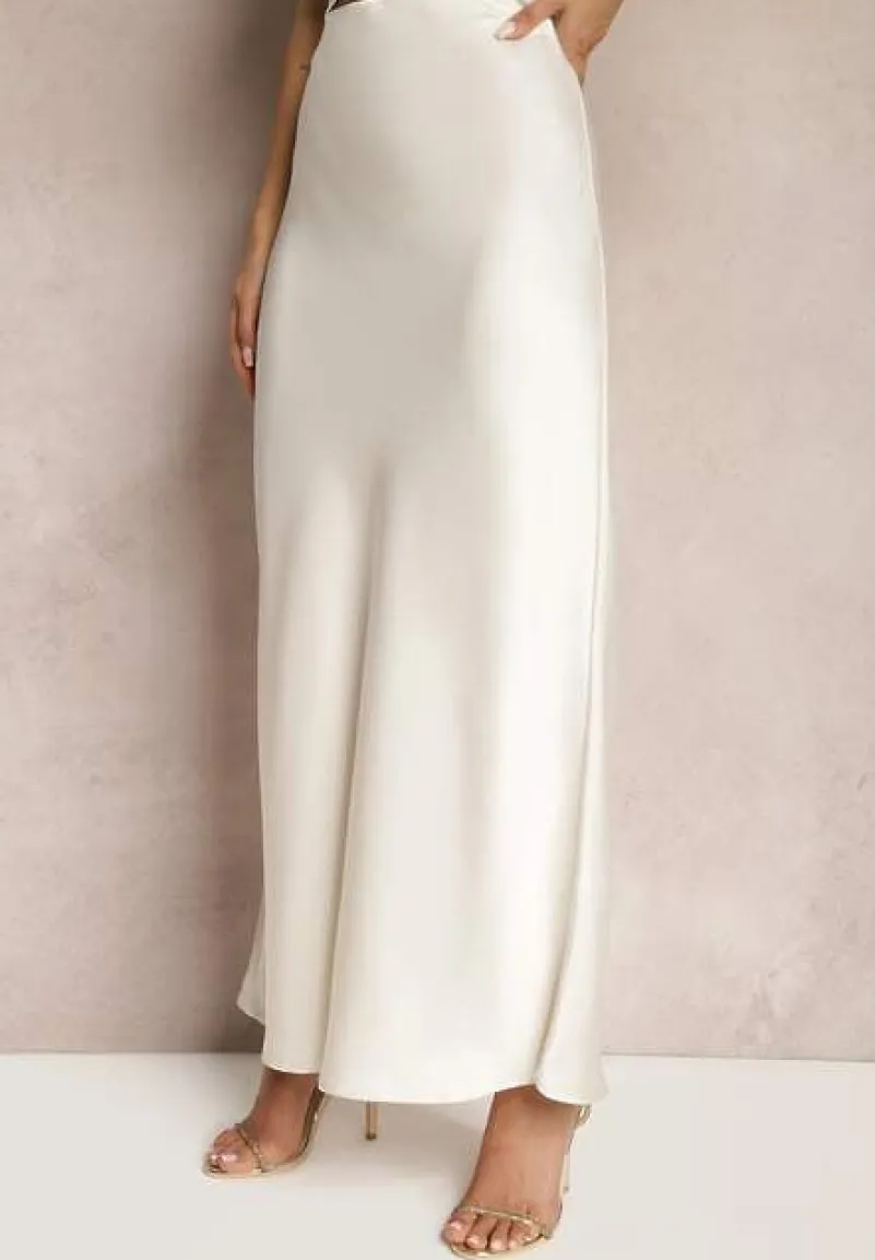 Jasnobeżowa Satynowa Spódnica Maxi High Waist Formia