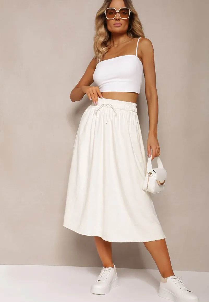 Jasnobeżowa Spódnica o Rozkloszowanym Kroju Ściągana w Pasie Rigelia