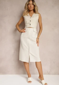 Jasnobeżowa Spódnica o Trapezowym Kroju Ozdobiona Kieszeniami i Rozcięciem Nestanie