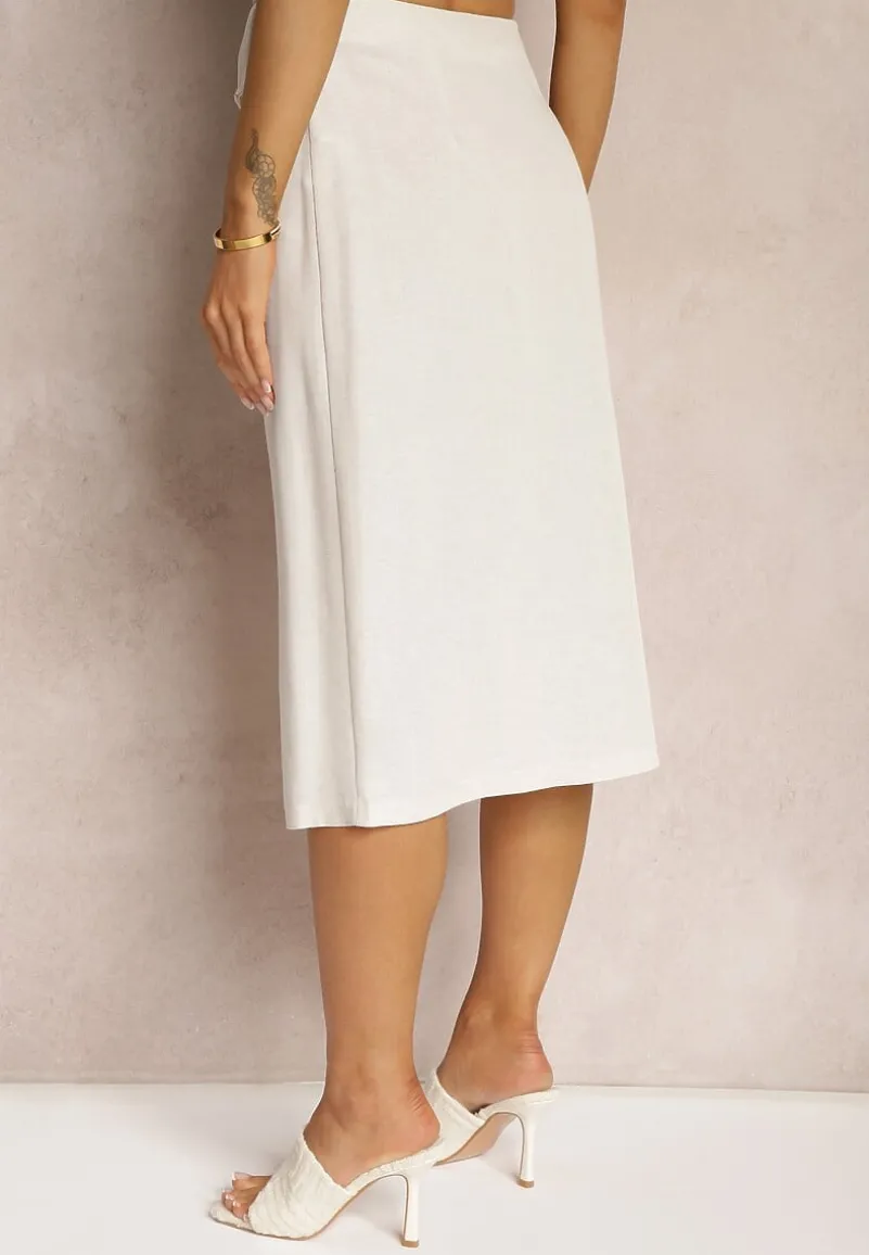 Jasnobeżowa Spódnica o Trapezowym Kroju Ozdobiona Kieszeniami i Rozcięciem Nestanie
