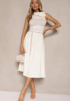 Jasnobeżowa Spódnica Rozkloszowana z Wiskozą High Waist Ozdobiona Łańcuszkiem Olirive