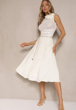 Jasnobeżowa Spódnica Rozkloszowana z Wiskozą High Waist Ozdobiona Łańcuszkiem Olirive