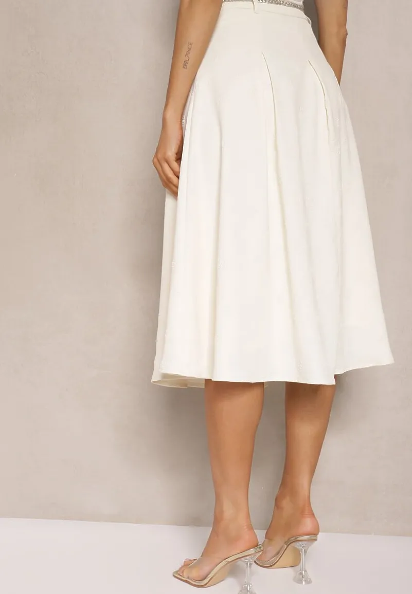 Jasnobeżowa Spódnica Rozkloszowana z Wiskozą High Waist Ozdobiona Łańcuszkiem Olirive