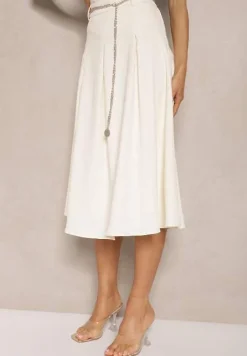 Jasnobeżowa Spódnica Rozkloszowana z Wiskozą High Waist Ozdobiona Łańcuszkiem Olirive